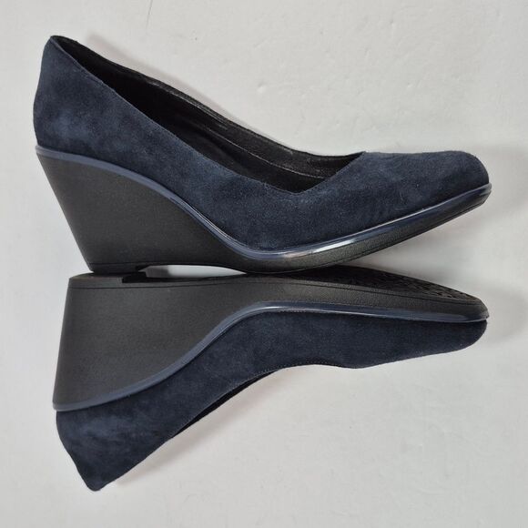 Clarks Artisan Flores Tulip Blue Suede Leather 3" Wedge Pumps Heels Woman's 10M. - Picture 7 of 10